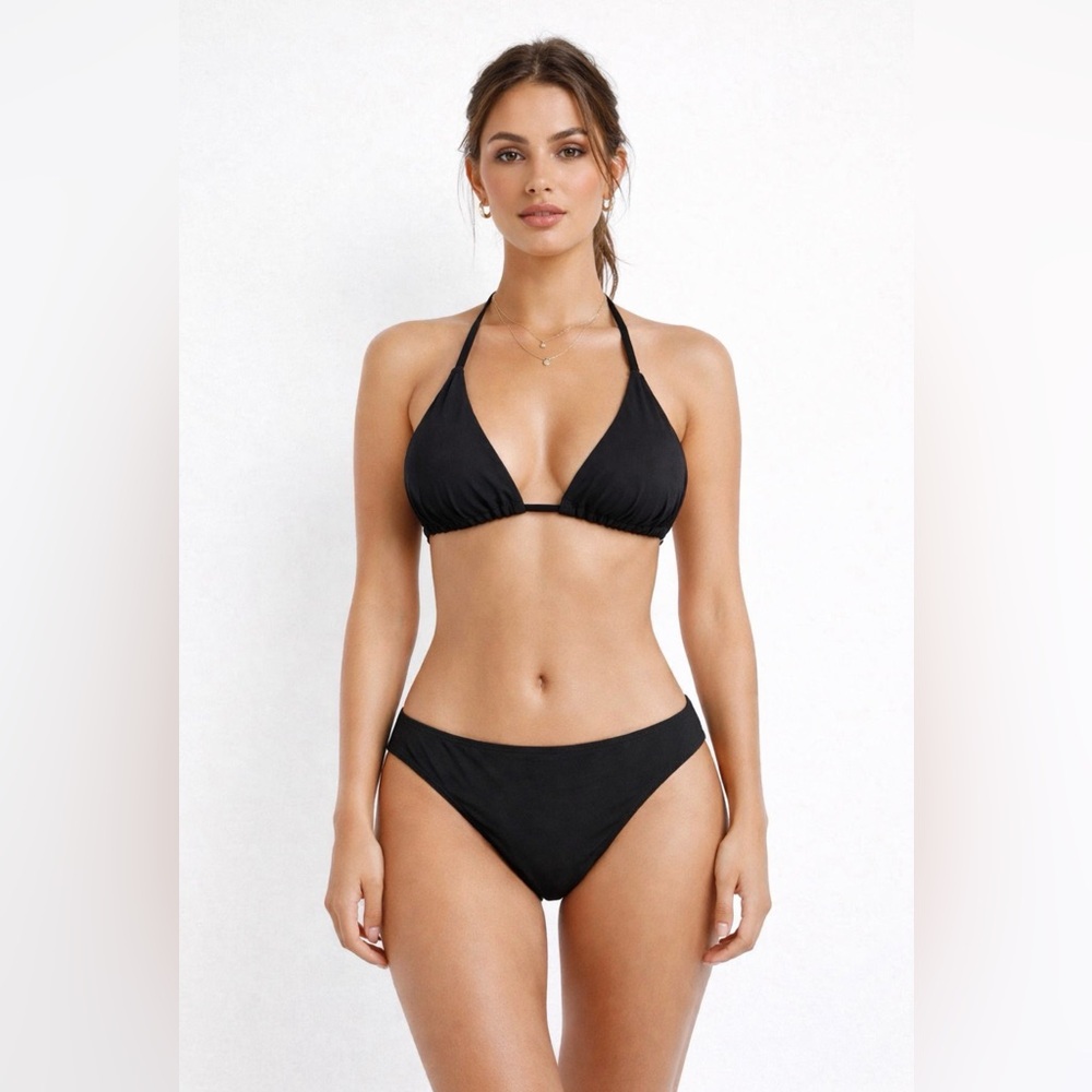 Berlook Black Two Piece Swimsuit String Bikini Top Moderate Bottom Large NEW
